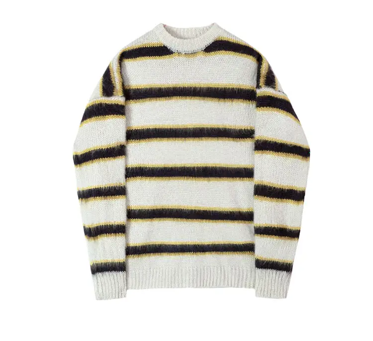 2023 MYQ striped sweater men's Korean version loose round neck plush sweater retro lazy wind sweater