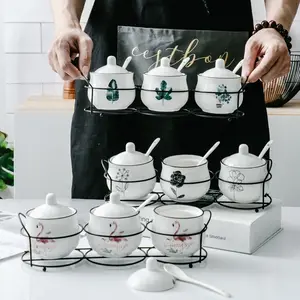 Guci bumbu keramik hijau, Pot penyimpanan porselen bumbu cuka garam kaleng tempat sumpit untuk dapur