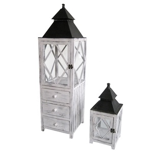 S/2 Shabby Chic fait à la main <span class=keywords><strong>grande</strong></span> <span class=keywords><strong>lanterne</strong></span> à bougie blanche extérieure intérieure <span class=keywords><strong>en</strong></span> <span class=keywords><strong>bois</strong></span> avec tiroir - Product Image 1
