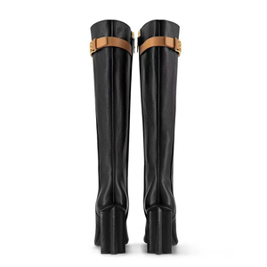 Retro High Chunky Heels Long Booties Metal Belt Buckles Side Zipper Patchwork Shoes Women Square Toe Knee High <b>Boots</b> - Product Image 3