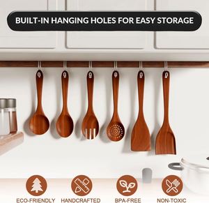 Ensemble d'ustensiles de cuisine en teck de qualité supérieure, 6 pièces, résistant au lave-vaisselle et au four, spatule et cuillère de service - Product Image 3