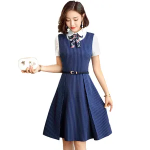 Wholesale Women Sleeveless Pleated Stripped Dress Dealers o-neck Blue Slim Office Lady Work Wear Teacher Uniform With Lining