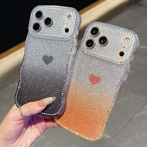 Coque de téléphone de luxe scintillante avec diamants pour iPhone 17 16 15 14 Pro Max Plus, motif cœur dégradé ondulé, transparente, souple en TPU - Product Image 3