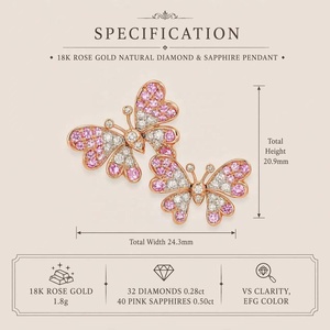 จี้ผีเสื้อคู่เรืองแสงสีโรสโกลด์18K ประดับเพชรและไพลินสีชมพู - Product Image 3