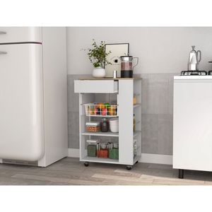Chariot de cuisine à 5 étagères et 1 tiroir en blanc et chêne clair, design moderne pour le rangement et l'organisation - Product Image 1