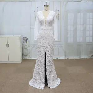 Long sleeves wedding dress with Deep V and slip robe de mariage supplier