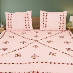 Handmade Embroidered Pink 100% Cotton Flowers Indian Petals Bedsheet with Two Matching Pillow Covers BL-167 - Product Image 3