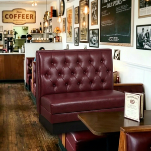 Vintage Burgundy Tufted <b>Restaurant</b> Booth Seating with Wooden Table Commercial Diner Furniture <b>Set</b> - Product Image 1