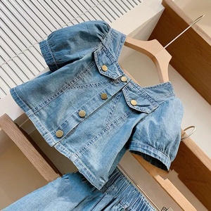 New <span class=keywords><strong>fashion</strong></span> teen Girls Clothing set solid short puff sleeve denim top + jeans skirt set <span class=keywords><strong>abbigliamento</strong></span> per bambini - Product Image 4