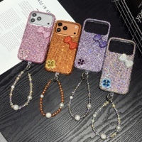 Coque de téléphone de luxe avec nœud floral et strass pour iPhone 17 16 15 Pro Max, livraison gratuite avec chaîne, accessoires mobiles