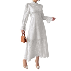 Vestido Elegante de Manga Larga con Aberturas y Botones en la Cintura para Mujer, Color Sólido, Estilo Vacacional - Product Image 1