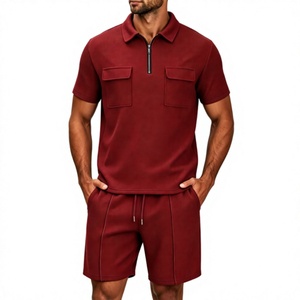 OEM Men's Casual Polo Shirt Shorts 2 Piece Set 1/4 <b>Zip</b> Neck Summer Solid Color Breathable Chest Pocket Customizable Logo - Product Image 6
