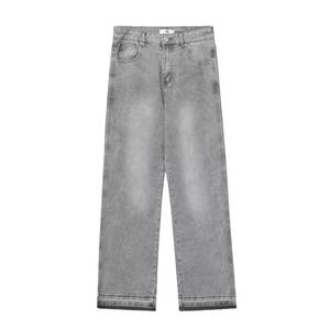 Jean en denim gris clair délavé style américain, couleur unie vintage, coupe droite unisexe avec ourlet effiloché, pantalon long - Product Image 1