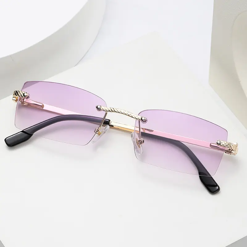 411 الجملة شعبية نظارات شمسية صغيرة بدون شفة الوردي نظارات عالية الجودة المرأة النظارات الشمسية العلامة التجارية اسم