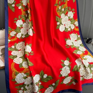 Womens 70cm Square Silk Scarf With Red <strong>Background</strong> And White Rose Print For Elegant Styling - Product Image 1