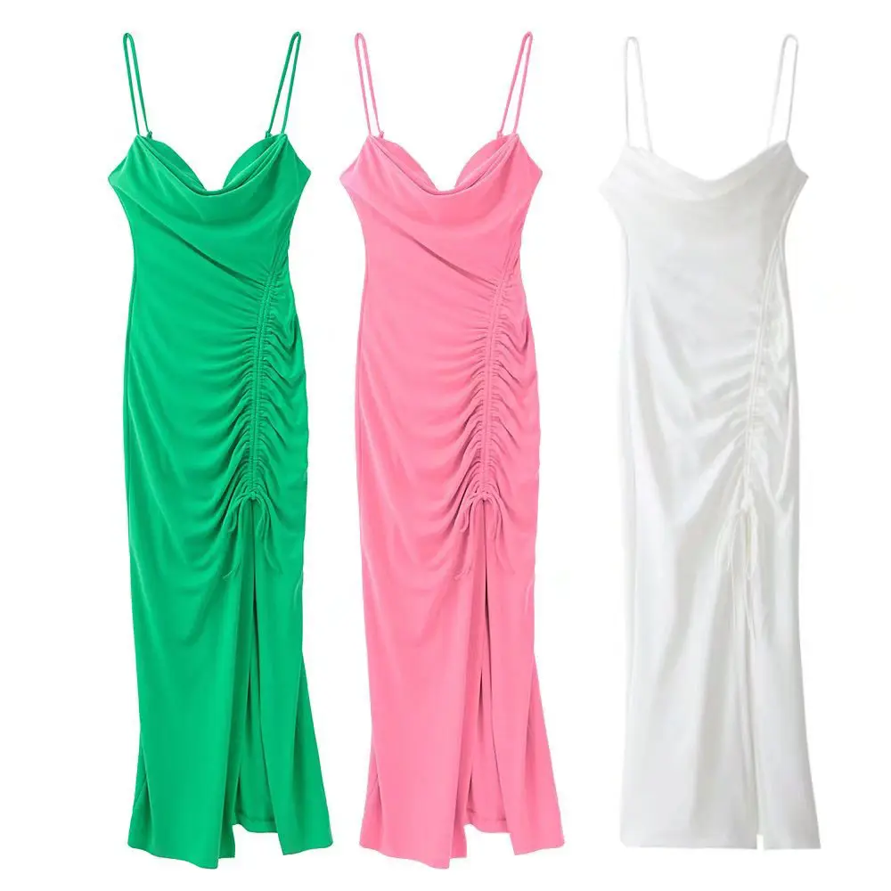 PB&ZA Women 2022 summer New Fashion folds decoration midi Dress Vintage sleeveless Female Dresses Mujer