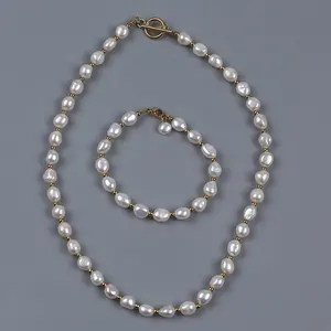 Di modo 7-8mm barocco naturale perla d'acqua dolce del braccialetto della collana dei monili set