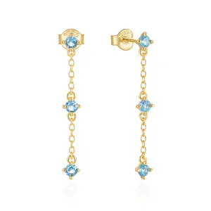 Boucles d'oreilles élégantes en argent sterling 925 avec perle en diamant et zircon bleu 18 carats pour femmes