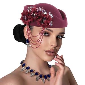 Chapeau en feutre rétro pour <span class=keywords><strong>femme</strong></span>, style hôtesse de l'air, béret britannique, décor fleur en strass, chapeau de cérémonie pour <span class=keywords><strong>femme</strong></span> - Product Image 3