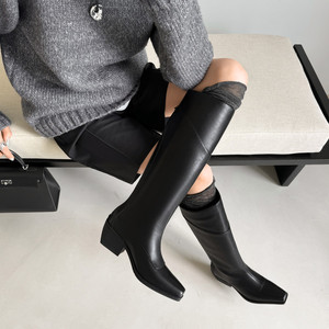 Botas Vaqueras de Moda, Hechas a Mano, de Cuero Genuino, Punta Cerrada, Tacón Cuadrado, Cierre de Cremallera, Color Simple, Retro, Casual, Tacón Grueso - Product Image 2