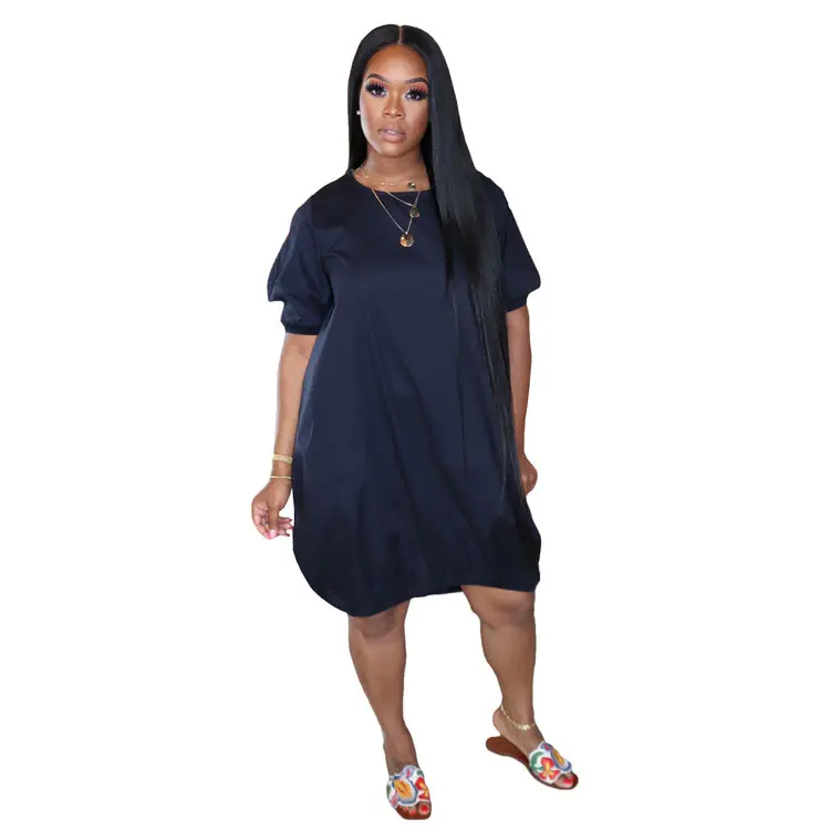 New Trendy Summer Solid Color Short Sleeve O-Neck Midi Dress Loose Casual Dresses Women Plus Size Dress