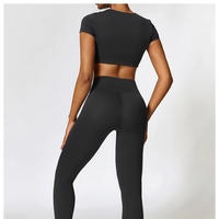 Ensemble de yoga personnalisé pour femme, automne, séchage rapide, haut à manches courtes, pantalon à carreaux, respirant, écologique