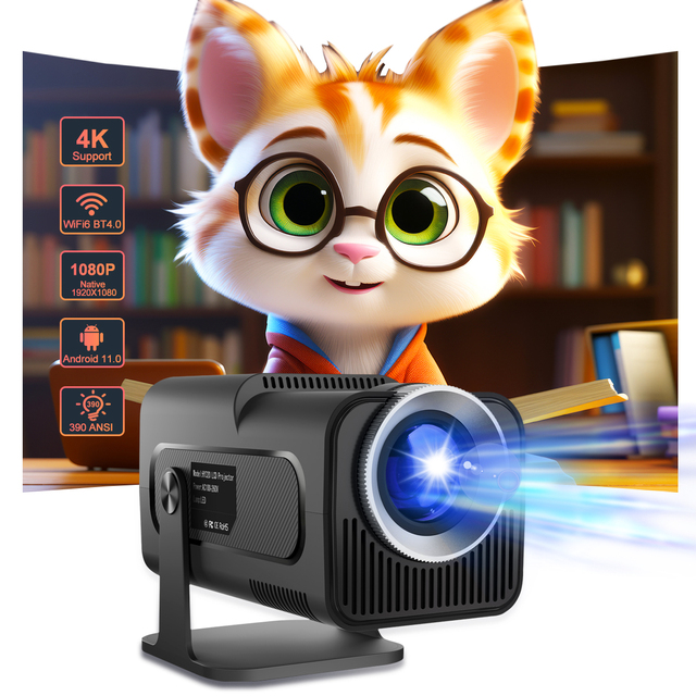 For HY320 8K Smart Projector Android 14 390ANSI FHD Dual Band WiFi6 BT5.4 LED LCD Portable Home Cinema Outdoor Use