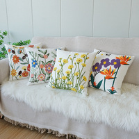 Taie d'oreiller en lin pastorale moderne brodé de fleurs de plantes fraîches coussin carré pour chevet baie vitrée salon canapé
