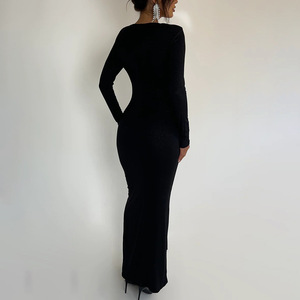European American Style V Neck Long Sleeve Slit Maxi Dress Women Elegant Sexy Tight Fitting Full Length Evening Gown - Product Image 3