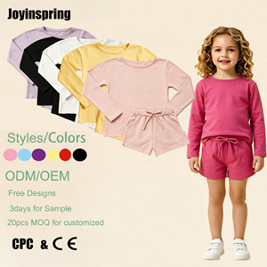 Ensemble 2 pièces personnalisé OEM pour enfants et adolescentes, lavable, polyvalent pour tous les jours, haut à manches longues uni et short avec poches - Product Image 1