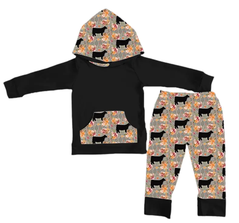 Ragazzi Cow And Flower Design con cappuccio Top Outfit personalizzato stampato a maniche lunghe per bambini Set autunno