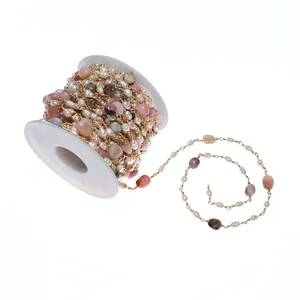 Fashion Freshwater Pearl Beads with Pink Gemstone Link Chains DIY Bracelet Necklace Jewelry for Making