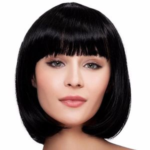 Perruque Oushuo sans lacets, coupe courte style bob avec frange droite, perruque tendance pour femme, peut être permanentée/teinte, 6 pouces - Product Image 1