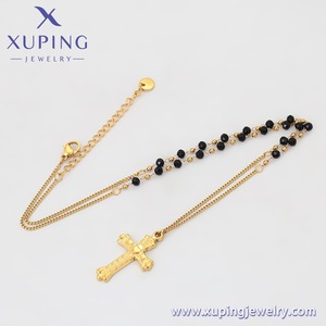 T001226748 XUPING Collar de Rosario con Cuentas Negras de Acero Inoxidable Chapado en Oro de 24K con Colgante de Cruz, Joyería de Moda - Product Image 3