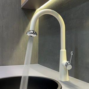Milky White Kitchen Faucet Single Handle Pull Out Spray Deck Mounted Minimalist Style Ceramic Valve Core - Product Image 1