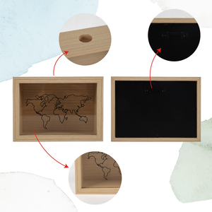 Vitrine en verre véritable en bois à chargement par le haut cadre de tirelire en bois cadre de boîte d'ombre de voyage en bois avec carte du monde - Product Image 5