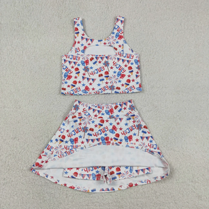Girls 2-Piece Set Printed Sleeveless Tank Top and Skort 4th of July Patriotic Outfit Summer Activewear <b>Clothes</b> for Kids - Product Image 3