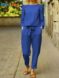 Ehanking Conjunto de Dos Piezas Informal para Mujer, Tops Sólidos de Manga Larga y Pantalones Sueltos de Cintura Alta, Ropa para Mujer - Product Image 4