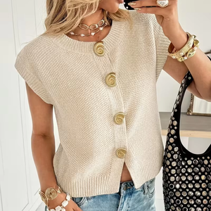 <span class=keywords><strong>Gilet</strong></span> en tricot vintage pour <span class=keywords><strong>femme</strong></span> 2026 – Cardigan chic couleur avoine à manches courtes, col rond, bouton unique, respirant, tricoté à la machine, décontracté - Product Image 1