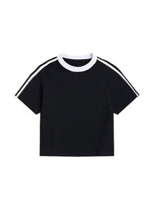 T-shirt d'été pour femme QL1266 220g en tissu tricoté, design à trois barres rayées, manches courtes, coupe slim, col rond classique, uni, teinture unie - Product Image 5