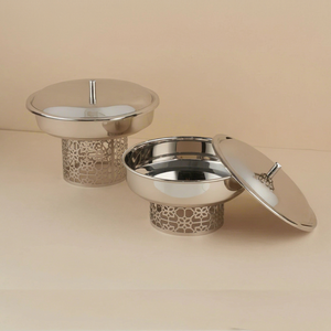 Juego de 2 cuencos de metal duradero para dátiles con tapa y acabado pulido espejo para servir en la mesa en Eid Ramzan, al por mayor de White Royals - Product Image 1