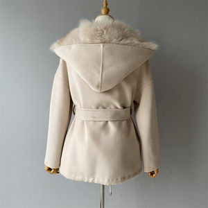 Manteau en <span class=keywords><strong>laine</strong></span> double face d'hiver personnalisé Jxwatcher avec capuche et veste en fourrure véritable 2 pièces pour femmes, grand col en fourrure de renard, manteau en cachemire pour femmes - Product Image 5