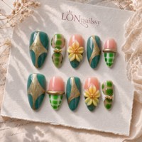 Faux ongles 3D en PMMA, faits main, forme amande moyenne, style français, à presser, couvrance totale, réutilisables, 10 pièces