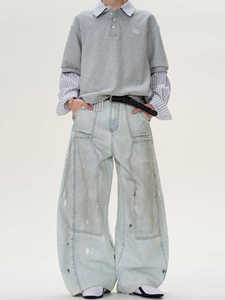 YKMOZI personnalisé bleu clair jean 100% coton lavé jambe droite haute large évasé Vintage doux Simple couleur unie impression pour l'été - Product Image 3