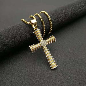 Gold Plated <b>Cross</b> Pendant Necklace Stainless Steel Pave Setting 3mm <b>Chain</b> 61cm Gift Jewelry - Product Image 1