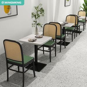 Wholesale Modern Design <b>Black</b> Wrought Iron <b>Frame</b> Backrest Braided Rattan PU Leather Sofa Booth for Restaurant Use Furniture - Product Image 5