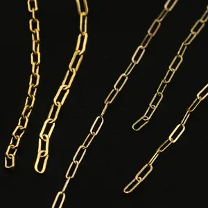 Real 14K Gold Filled Flat Elongated Rectangle Link Chain Thick Engraved Paperclip Chain Minimalist DIY Necklace Jewelry