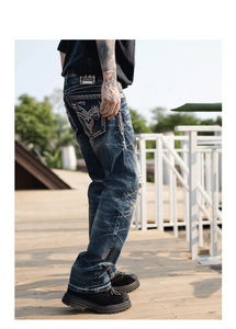 Jean en <span class=keywords><strong>denim</strong></span> déchiré pour homme, coupe droite, broderie à points épais, taille mi-haute, en coton, style décontracté, pour l'automne - Product Image 2