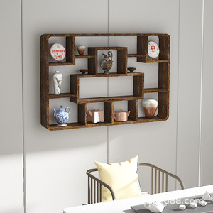 Solid Wood Chinese Style <b>Wall</b> Mounted Display <b>Shelf</b> Geometric Irregular Shape For Living Room Tea Room <b>Storage</b> Cabinet - Product Image 1