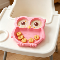 Assiette Bébé en Silicone à Ventouse avec Compartiments, Motif Hibou de Dessin Animé, Sans BPA, Qualité Alimentaire, pour Repas d'Enfants